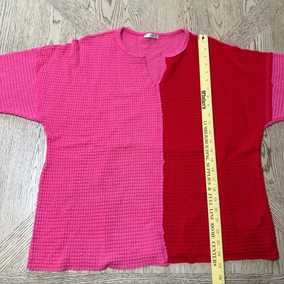 Jodifl Medium Red Pink Waffle Knit Color Block Shirt Top V-Neck - Picture 7 of 9